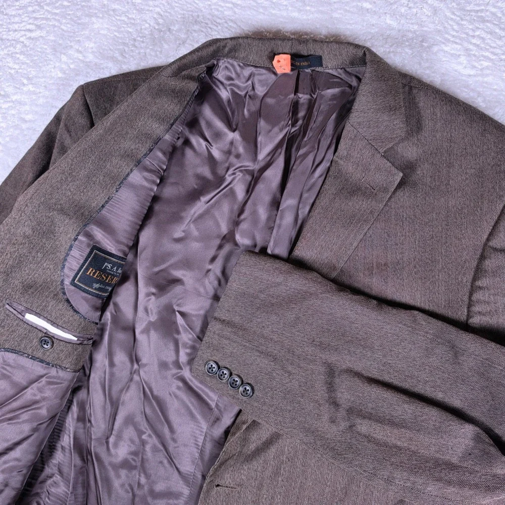 Jos A Bank Reserve Mens 46 Long Beige Wool Silk Herringbone L/S Blazer Coat
